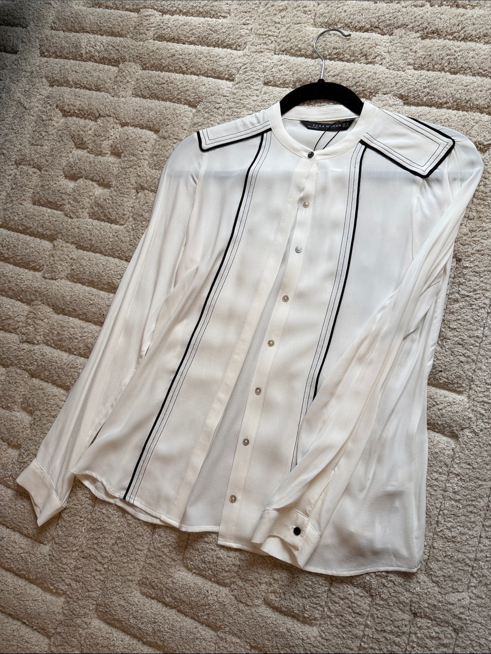 Zara Cream Button-Up Shirt with Black Piping